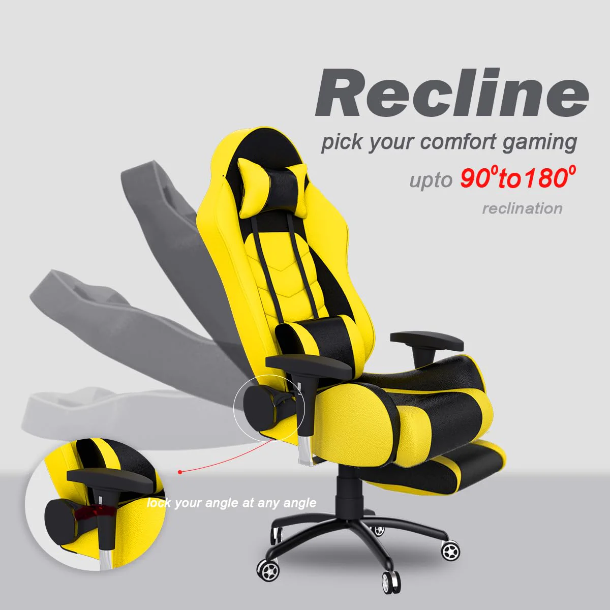 ASE GAMING Gold Series Ergonomic Gaming Chair with Footrest Premium PU Leather, Adjustable Neck & Lumbar Pillow, 180 Degree Recline with Black Metal Base (Yellow) - Image 2