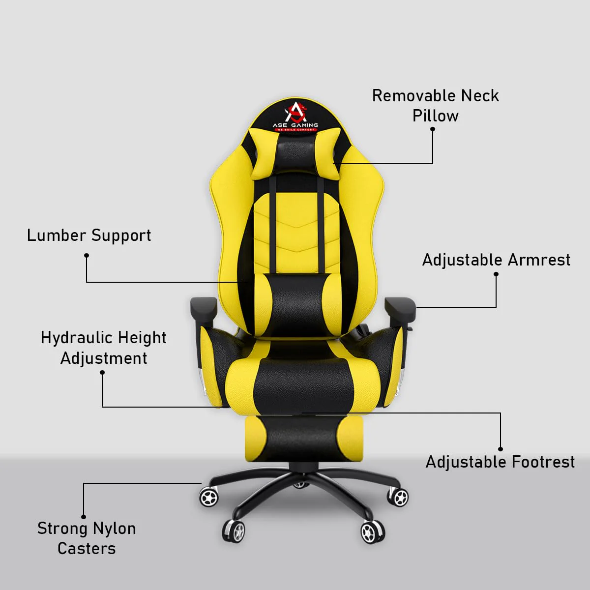 ASE GAMING Gold Series Ergonomic Gaming Chair with Footrest Premium PU Leather, Adjustable Neck & Lumbar Pillow, 180 Degree Recline with Black Metal Base (Yellow) - Image 3