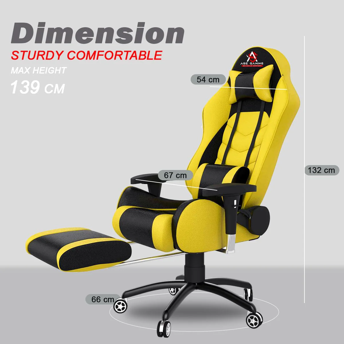 ASE GAMING Gold Series Ergonomic Gaming Chair with Footrest Premium PU Leather, Adjustable Neck & Lumbar Pillow, 180 Degree Recline with Black Metal Base (Yellow) - Image 4