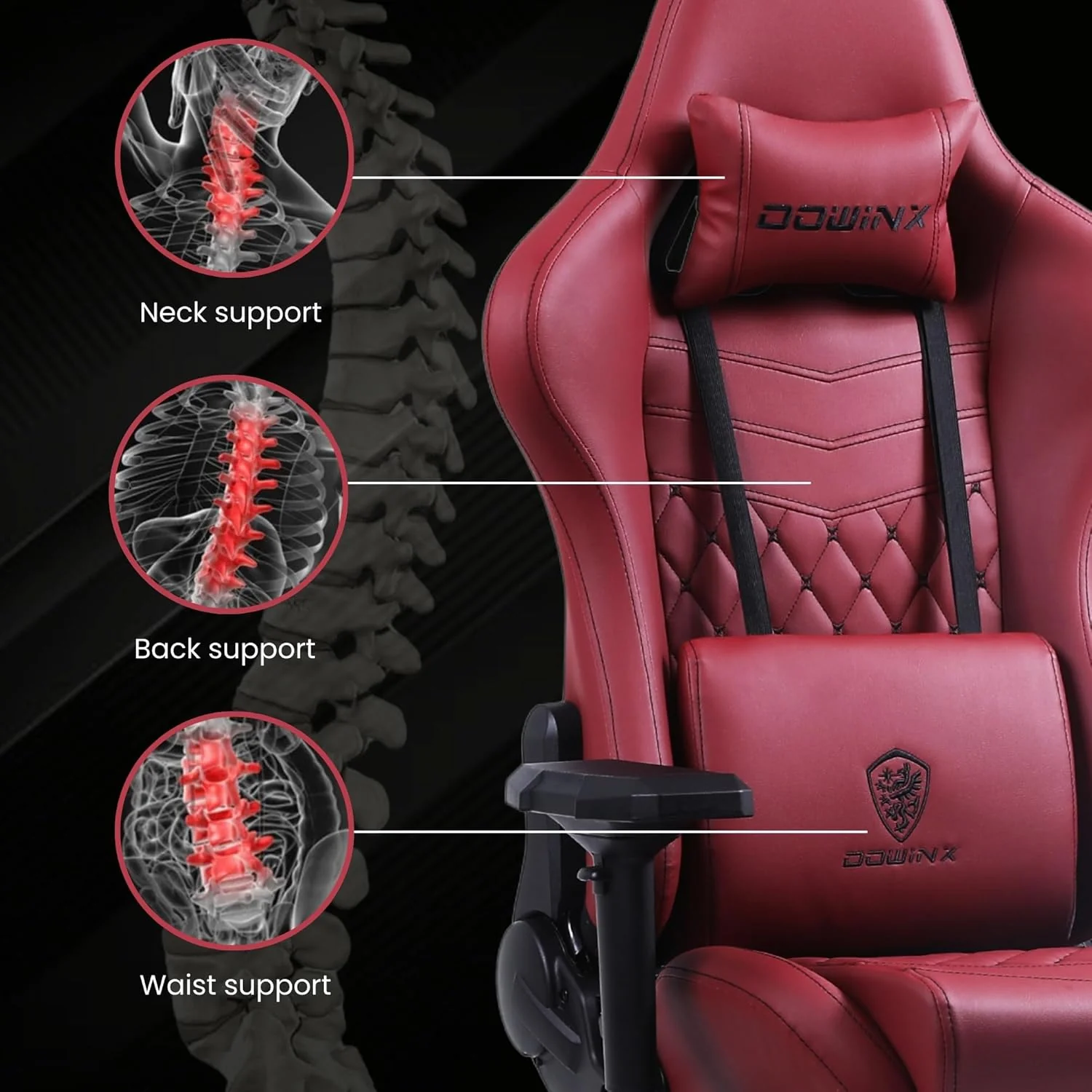 Dowinx Premium Leather Gaming Chair with Massage Cushion and Footrest, Office Chair, Adjustable Swivel Chair with Lumbar Support, Headrest, Ergonomic Design for Office (Maroon) - Image 2