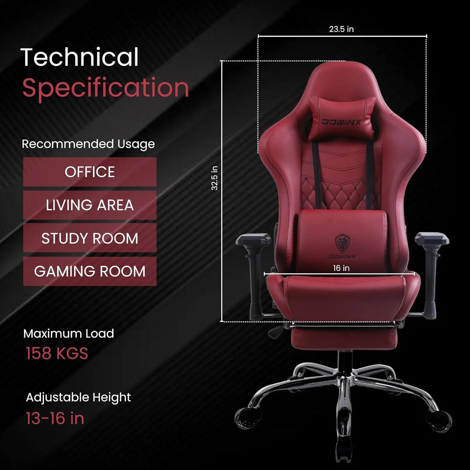 Dowinx Premium Leather Gaming Chair with Massage Cushion and Footrest, Office Chair, Adjustable Swivel Chair with Lumbar Support, Headrest, Ergonomic Design for Office (Maroon) - Image 3