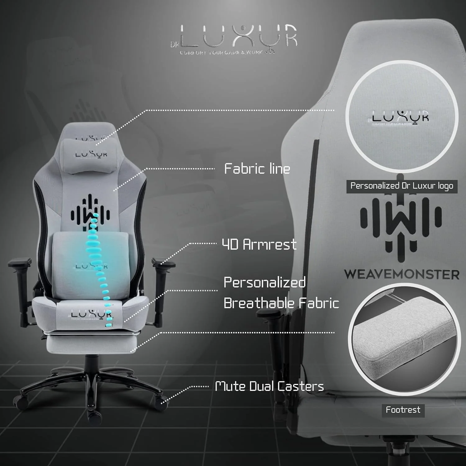 Dr luxur Weavemonster Ergonomic Gaming Chair for Office Work at Home with Breathable Honeycombed Fabric, Magnetic Neck & Lumbar Pillow, Footrest, 4-D Armrest with 180 Degree Recline (Grey) - Image 3