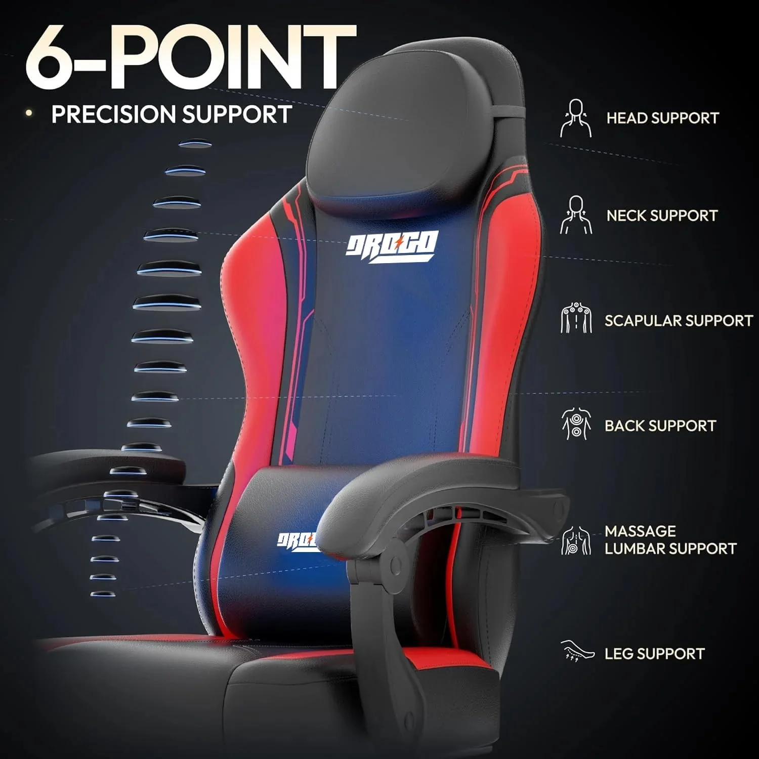 DROGO Ergonomic Gaming Chair, High Back Computer Chair with PU Leather, Linkage Arm Rest, Adjustable Height, Head & Lumbar Support Pillow | Home & Office Chair with Footrest & Recline (Onyx Red) - Image 2