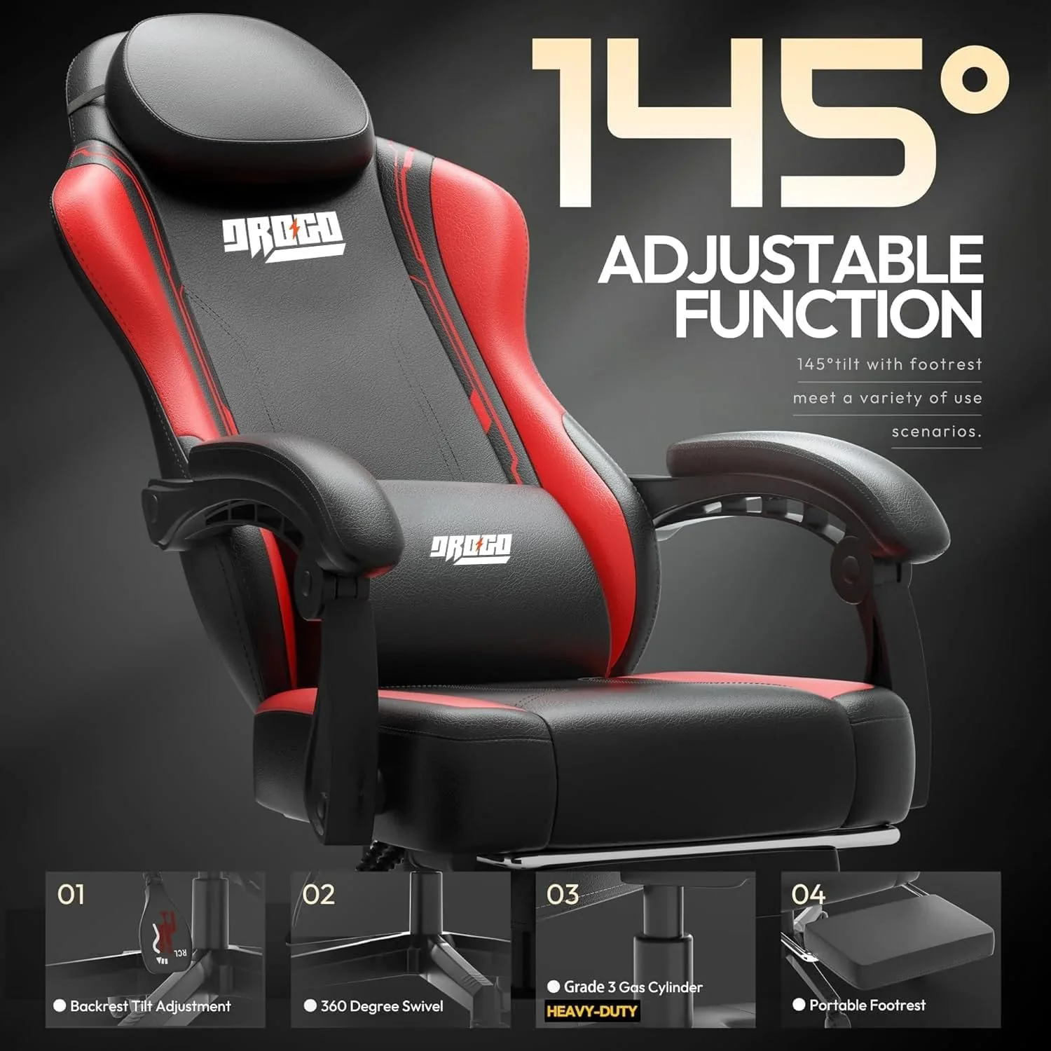 DROGO Ergonomic Gaming Chair, High Back Computer Chair with PU Leather, Linkage Arm Rest, Adjustable Height, Head & Lumbar Support Pillow | Home & Office Chair with Footrest & Recline (Onyx Red) - Image 3