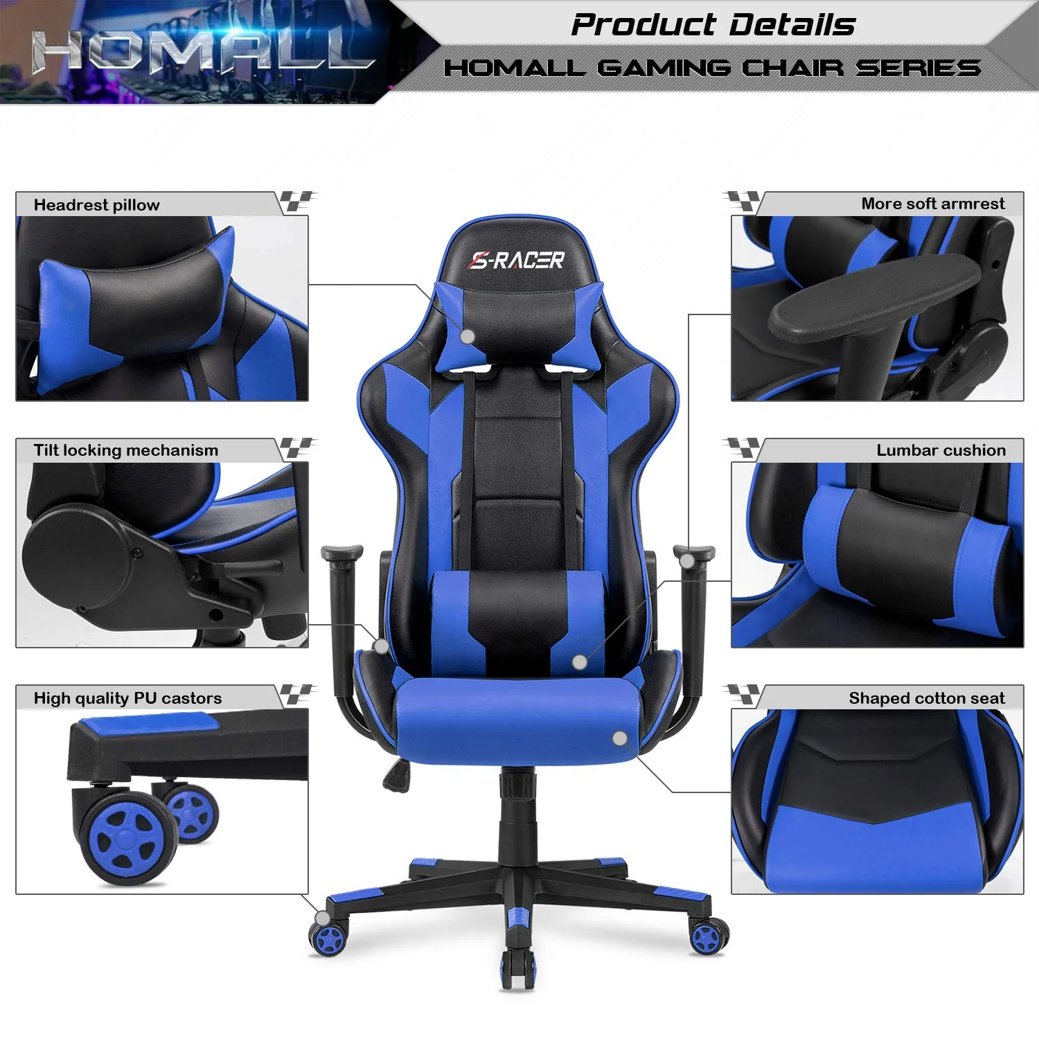 Homall Gaming Chair Office Chair High Back Computer Chair PU Leather Desk Chair PC Racing Executive Ergonomic Adjustable Swivel Task Chair with Headrest and Lumbar Support (Blue) - Image 2