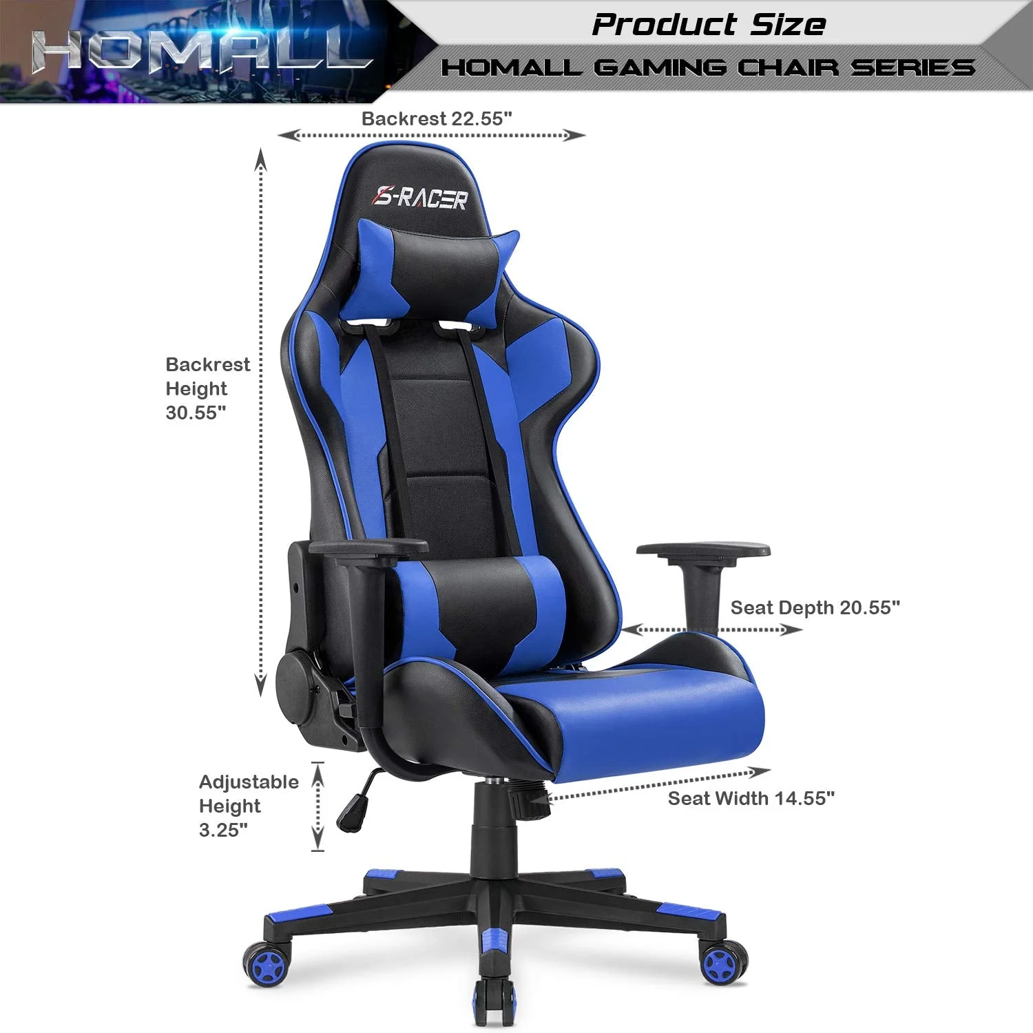 Homall Gaming Chair Office Chair High Back Computer Chair PU Leather Desk Chair PC Racing Executive Ergonomic Adjustable Swivel Task Chair with Headrest and Lumbar Support (Blue) - Image 3