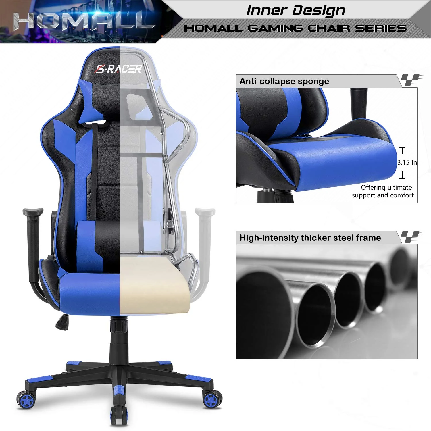 Homall Gaming Chair Office Chair High Back Computer Chair PU Leather Desk Chair PC Racing Executive Ergonomic Adjustable Swivel Task Chair with Headrest and Lumbar Support (Blue) - Image 4